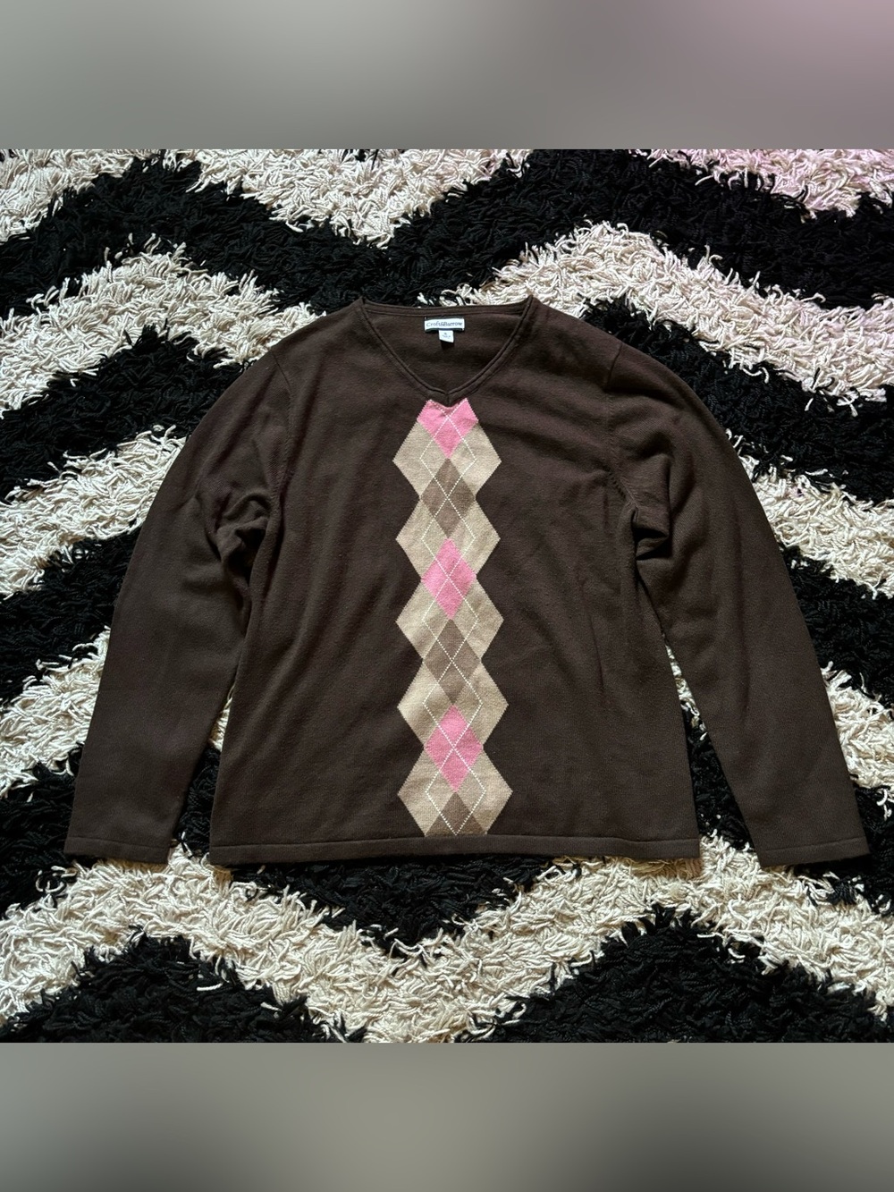 Croft & Barrow Preppy Chocolate Brown Pink Cream Argyle Print V-Neck Sweater